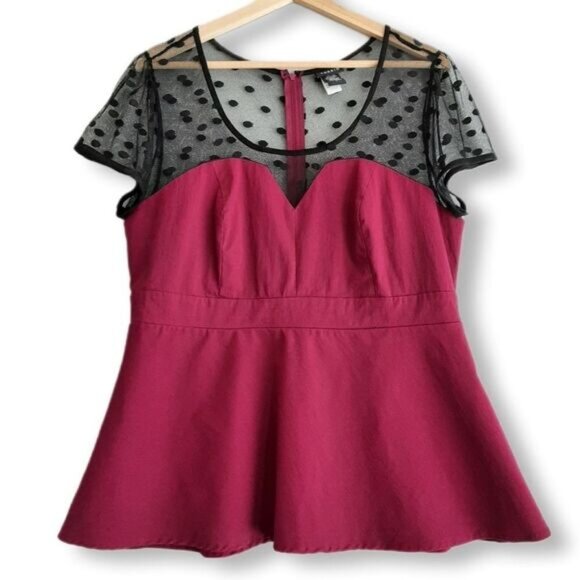 torrid Tops - TORRID / Fitted Stretchy Peplum Top w/ Mesh Yoke Sweetheart Pink Sz L Flawed